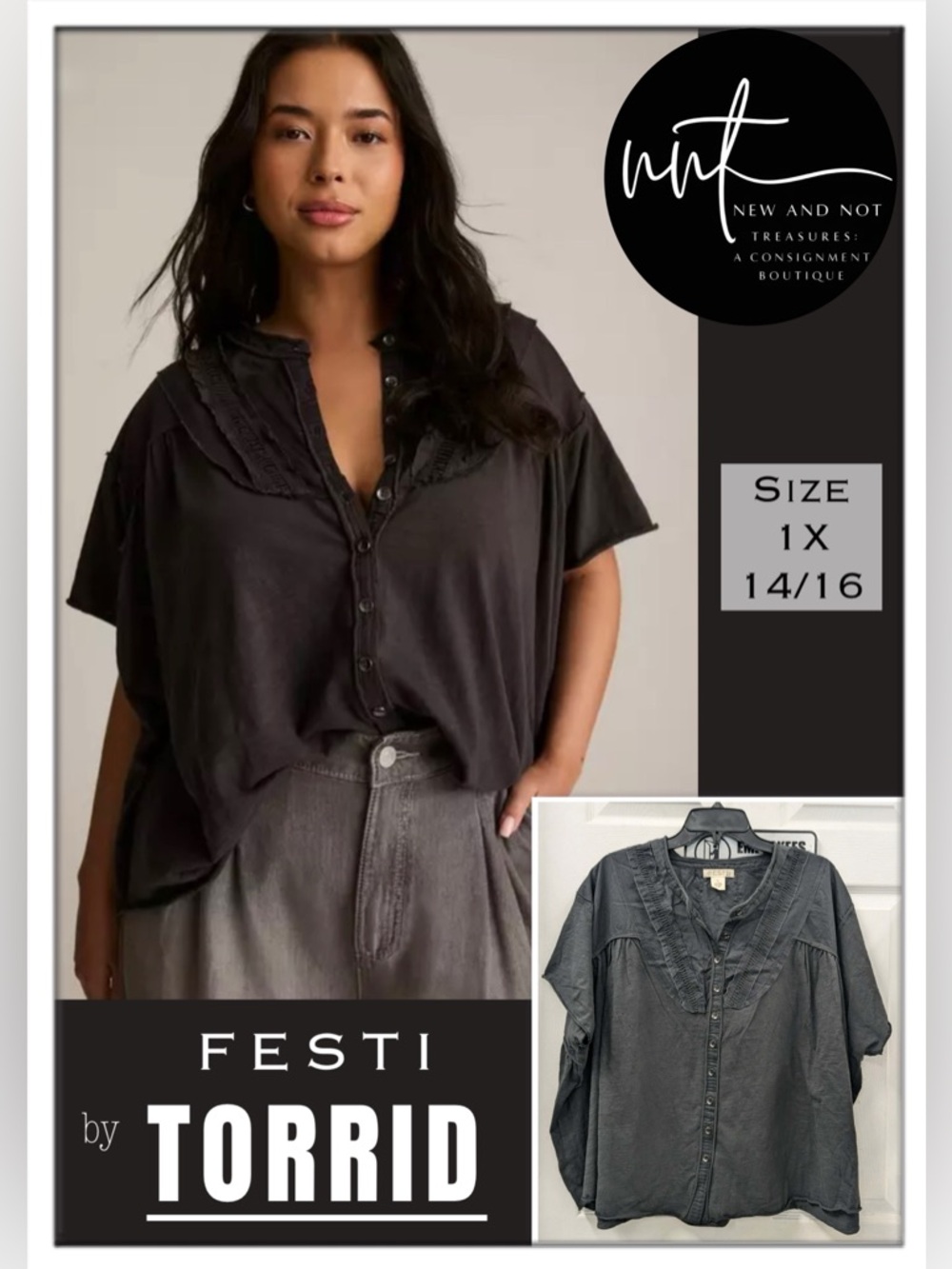FESTI by Torrid 1X 14/16 Gray Slub Cotton Button Front Boho Top Flowy Oversized